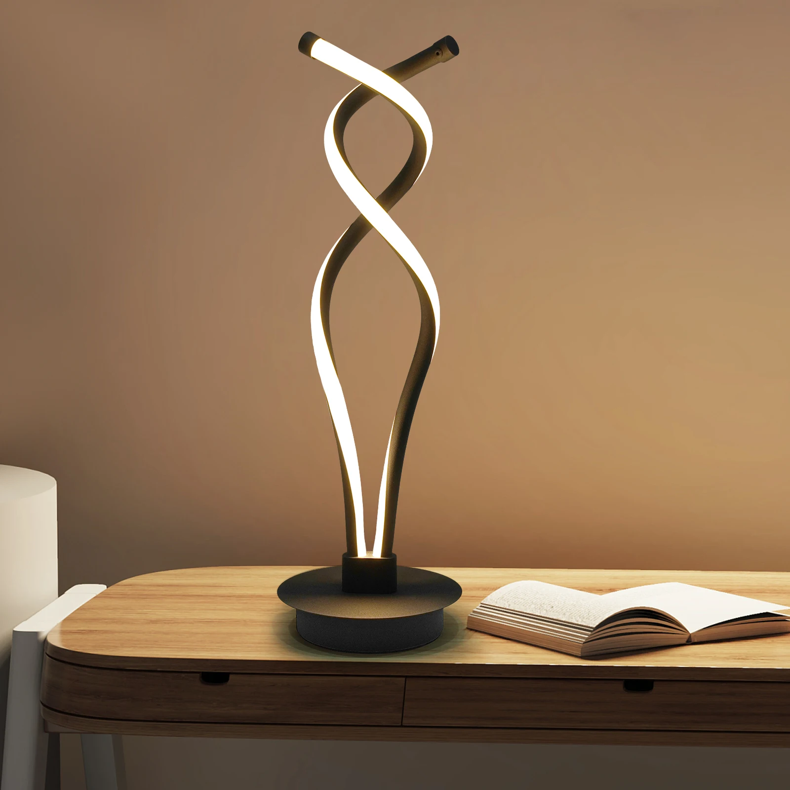 

Modern LED Spiral Table Lamp Bedside Desk Decor For Bedroom Curved Light Black