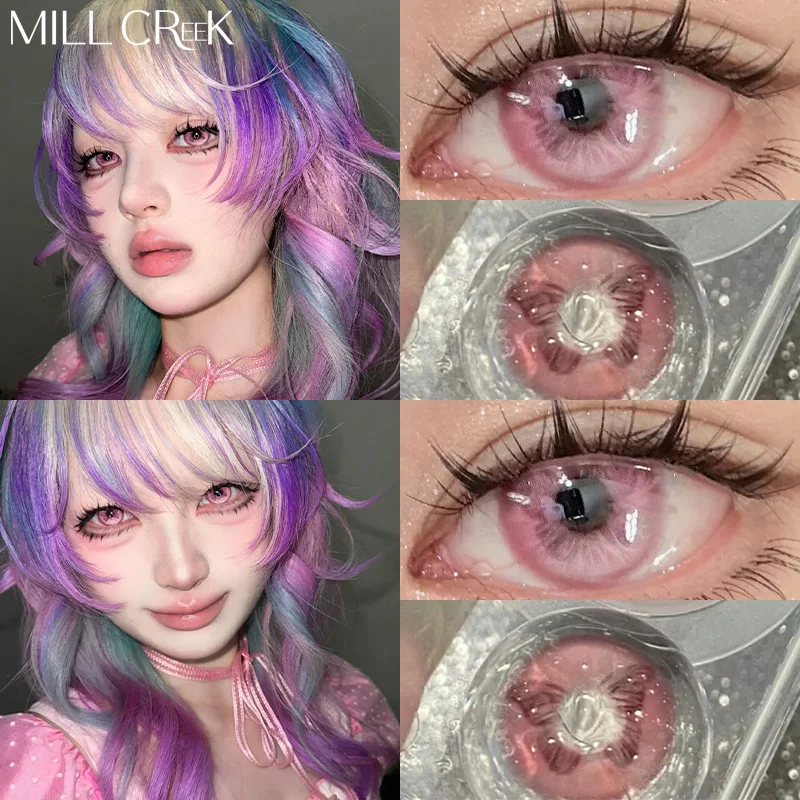 Mill Creek, 1 par de lentes rosas coreanas, lentes de contacto de colores con lentes para miopía de grado, lentes de la serie mariposa, lentes de moda naturales
