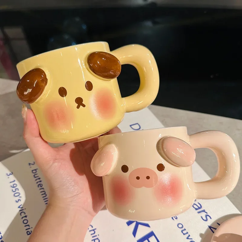 Ceramic Mugs Cartoon Puppy Three-dimensional Animals Pink Pig Cute Coffee Mug with Lid Children's Breakfast Milk Cups