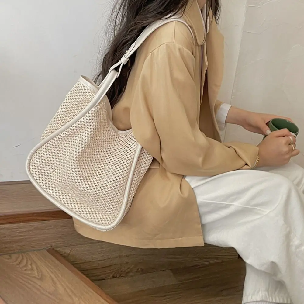 Woven Straw Bag Fashion Large Capacity Leather Handles Underarm Bag Bohemian White Beach Bucket Bag