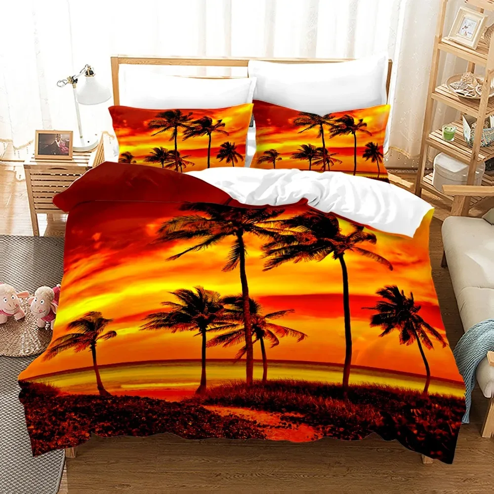 Tropical Landscape Polyester Duvet Cover Sets King Full With Pillowcase Coconut Trees Sea Sunset Natural View Large Sun Pattern