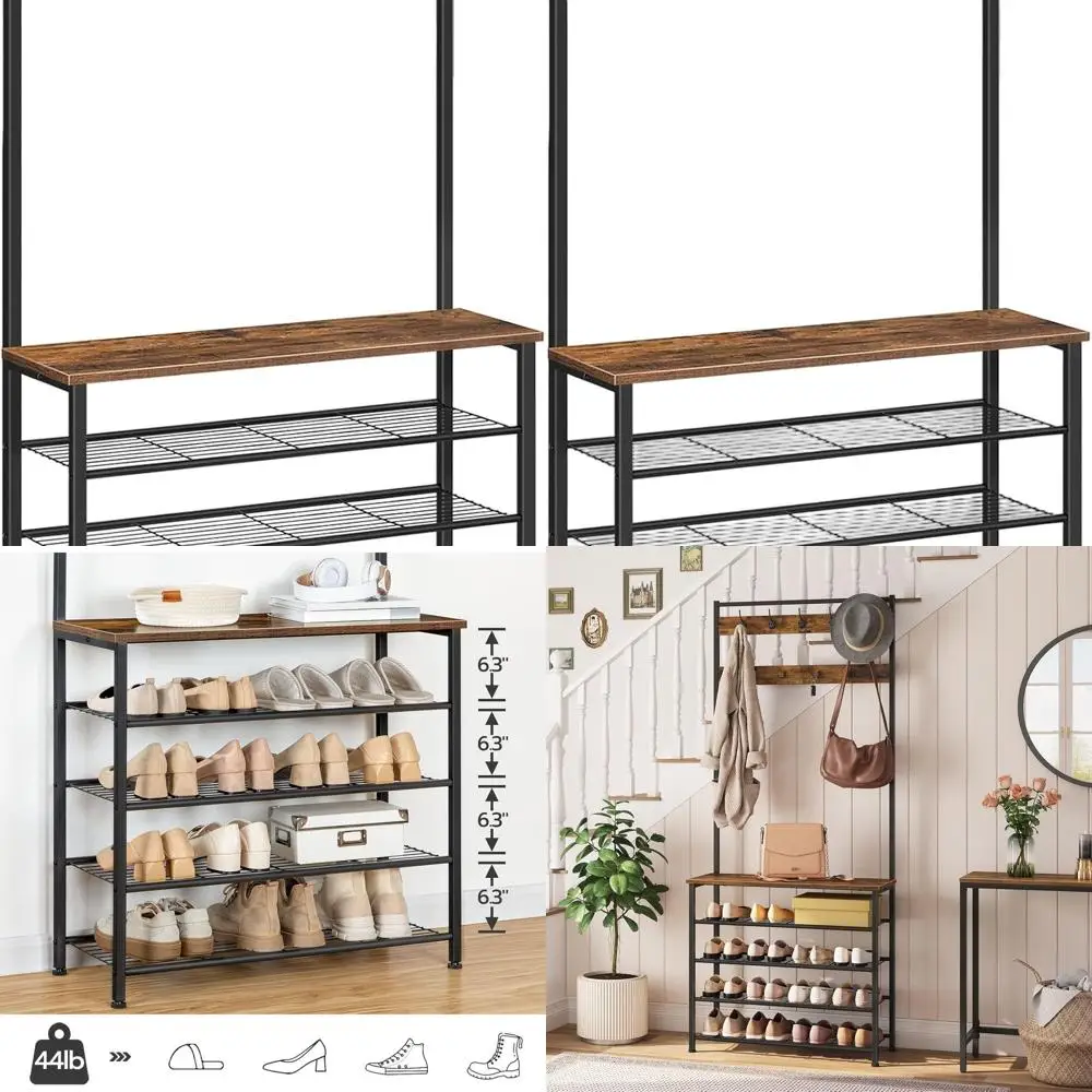 

5-уровневый органайзер для обуви с 9 крючками, прихожей, вешалкой для одежды и скамейкой для хранения в прихожей в деревенском коричневом и черном цвете