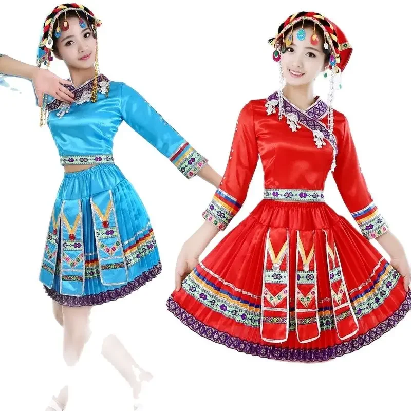 Roupas hmong para senhoras com chapéu, traje vermelho, roupas de manga comprida, desgaste do desempenho, chinês