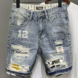 Male Denim Shorts Graphic with Text Half Long Men's Short Jeans Pants Multi Color Ripped Knee Length Retro Vintage Baggy Y2k Cut