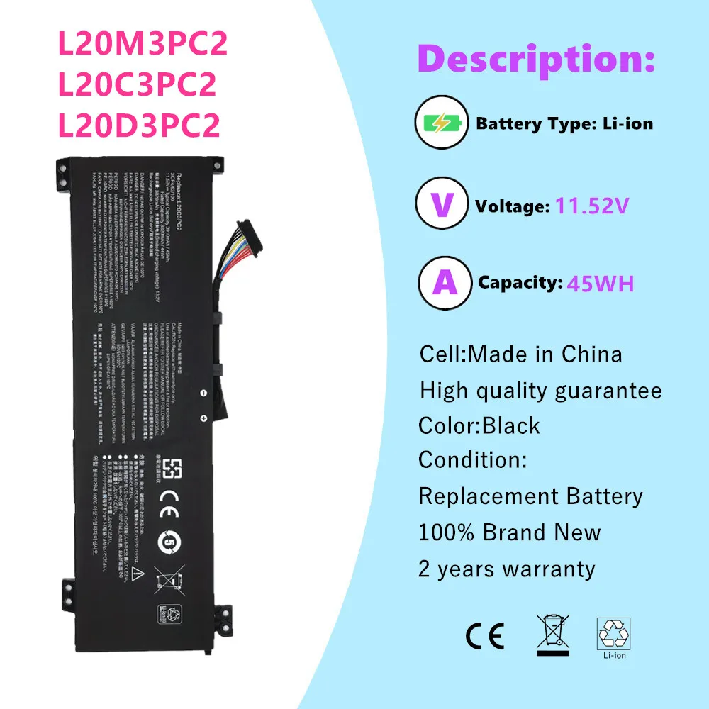 L20M3PC2 Laptop Battery for Lenovo ideapad 3-15IHU6 Laptop 82K1 82K2 series L20D3PC2 for Legion 5-15ACH6A L20M3PC2