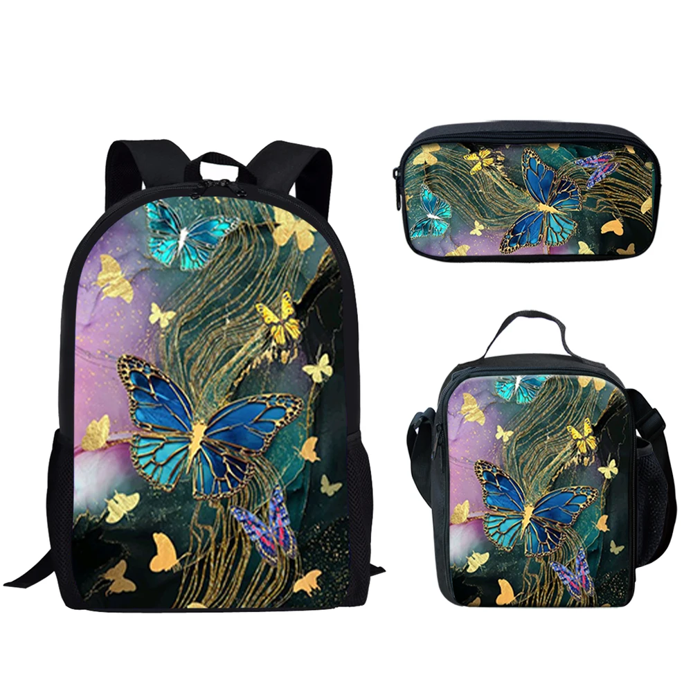 3Pcs Schoolbag for Teen Boys Girls Butterfly Floral Print Backpack for Prmary Students Back to School Large Capacity Backpack