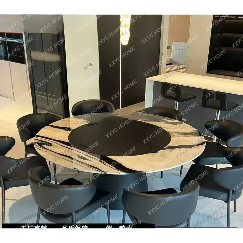 XX Natural panda white luxury stone round dining table light luxury solid wood high-end marble dining table with turntable