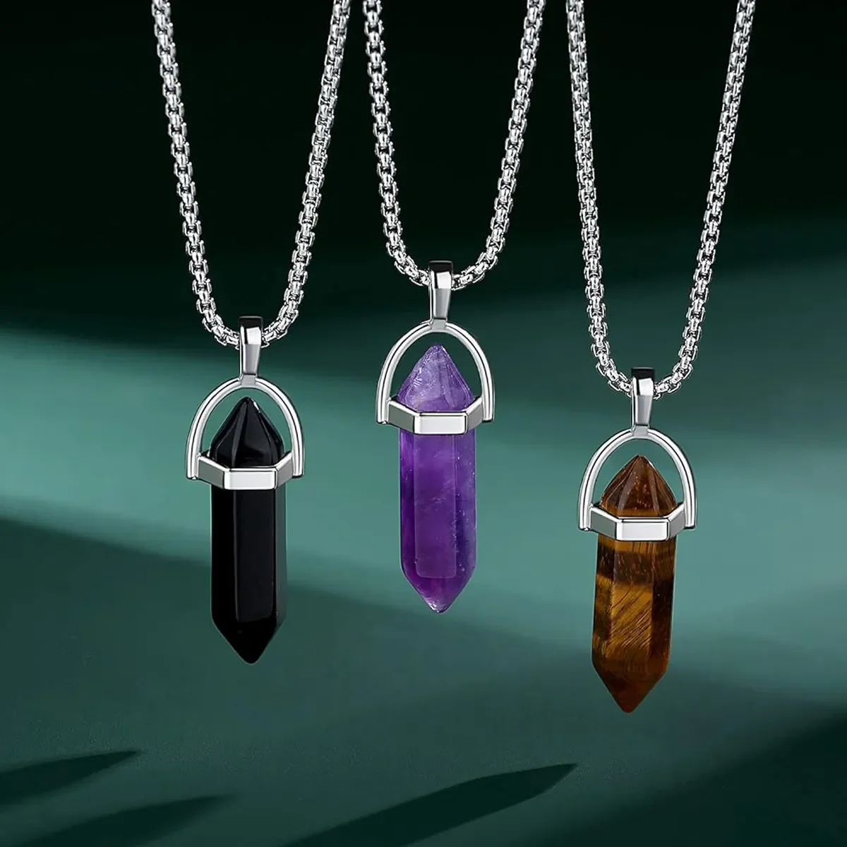 3pcs/set Crystal Necklace Healing Amethyst Black Obsidian Hexagonal Gemstone Pendant Necklace Spiritual Natural Reiki Quartz Tig