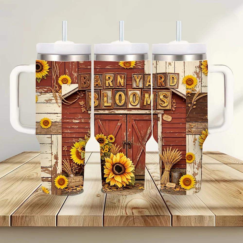 40Oz Tumbler with Handle And Straw, Barnyard Blooms Red Barn Sunflower Print, Suitable for Rural Style Lovers, Can Be Used in Summer And Winter, Holds Hot And Cold Drinks, Perfect for Daily Outdoor Indoor Use