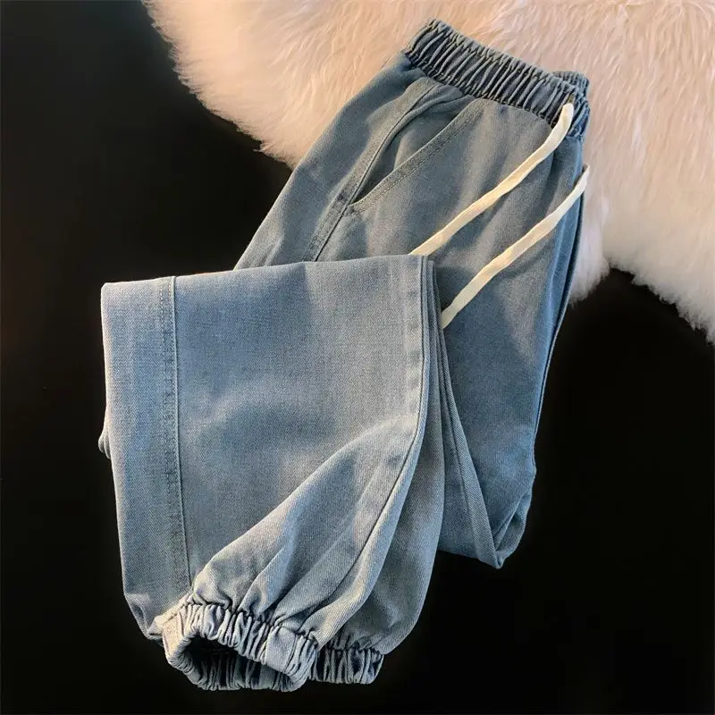 Vintage Men's Elastic Waist Drawstring Denim Pants New Streetwear Loose Straight Top Quality Baggy Jeans