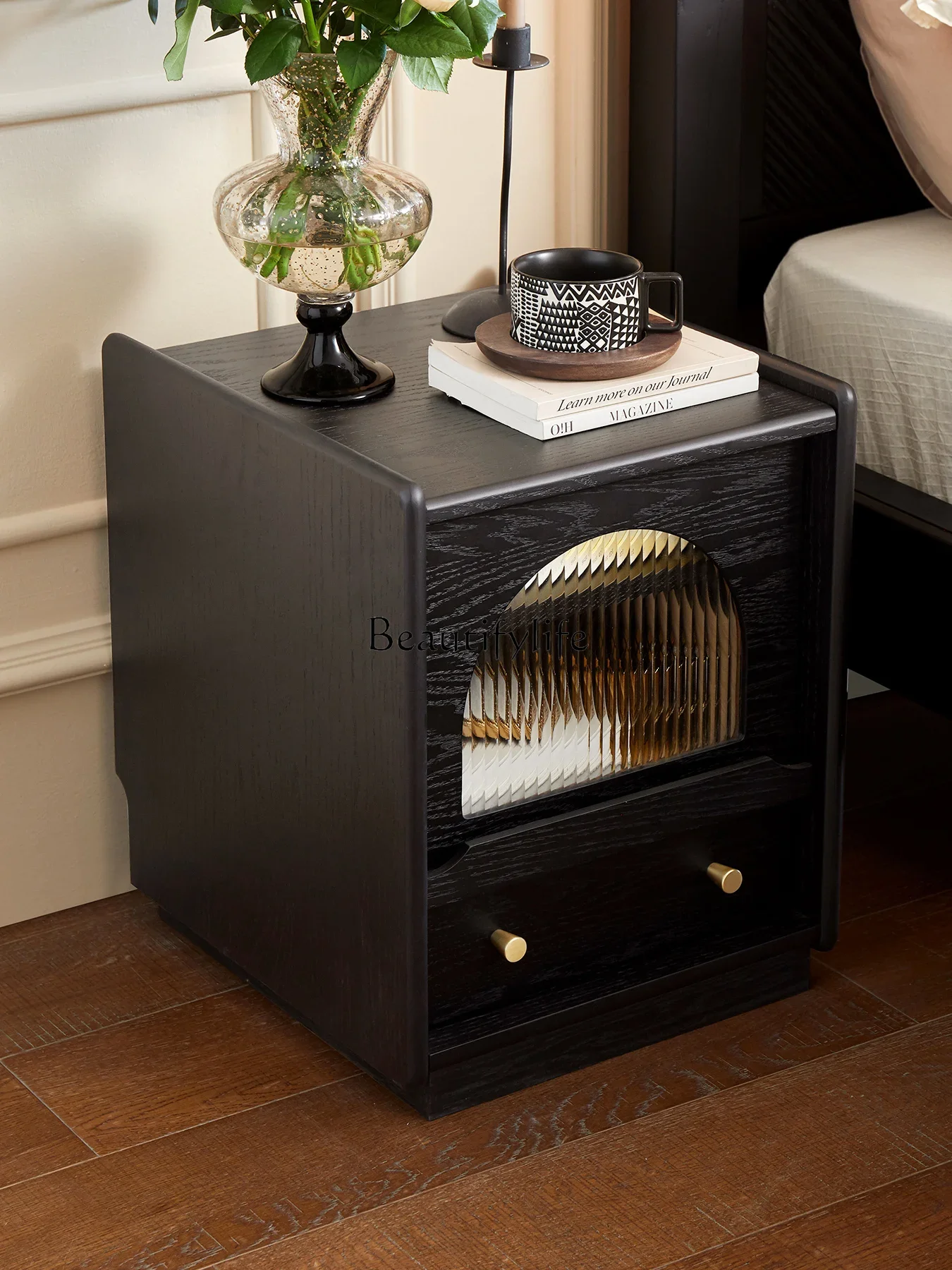 French retro solid wood bedside table American light luxury black storage locker