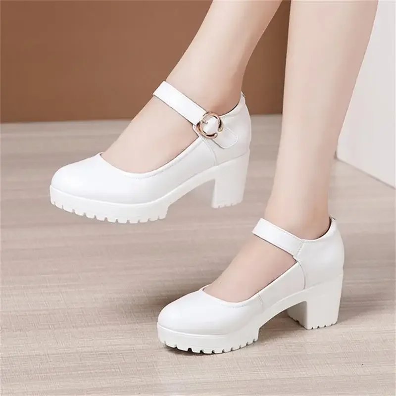 Cowhide high heels women\'s platform round toe Shallow mouth work shoes women\'s single shoes girls leather shoes large size