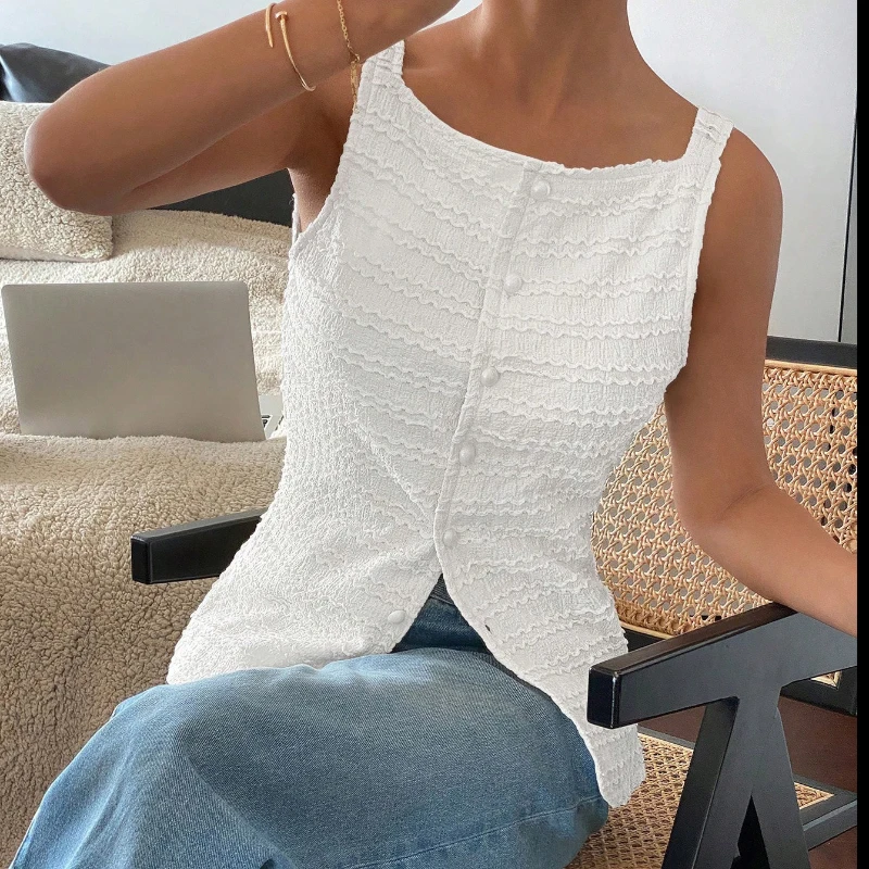 Office Lady White Lace Button Up Tank Top Street Style Slim Single Breasted Tops Spring Summer 2026 Casual Black Vests Female