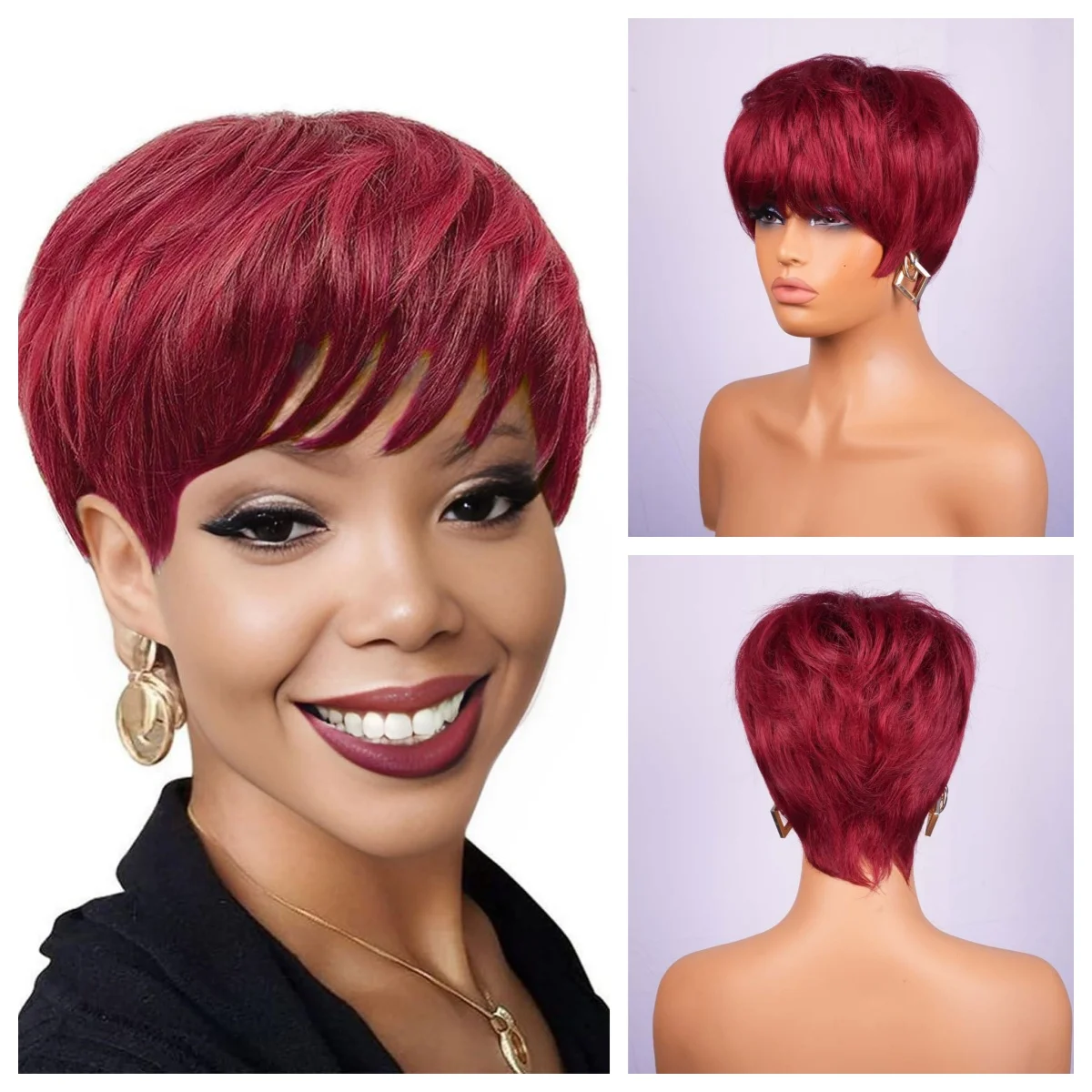 شعر الإنسان بوب النبيذ الأحمر شعر مستعار مستقيم بورجوندي قصير عابث قطع شعر مستعار مع الانفجارات قبل قطعها آلة صنع الباروكات للنساء السود