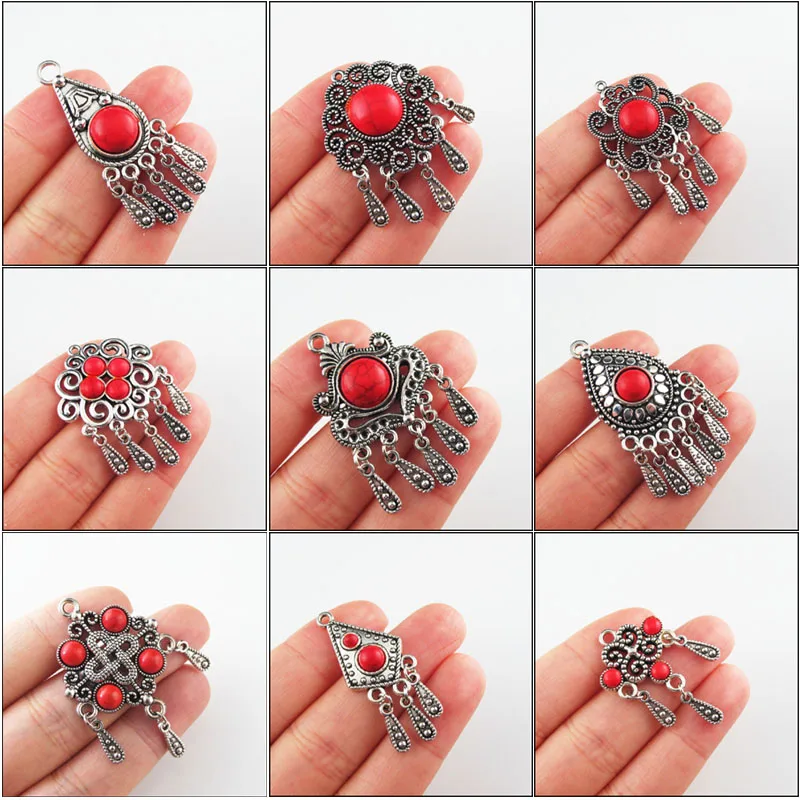 Fashion New Red Turquoise Stone Charms Flower Teardrop Crown Shield Tibetan Silver Plated Tassels Pendants Retro