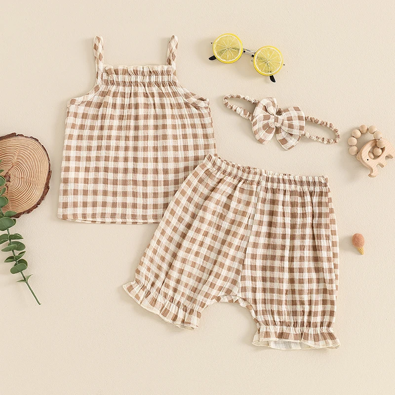 

Baby Girl 3Pcs Summer Outfits Sleeveless Plaid Print Cami Tops Shorts Headband Set Cute Infant Baby Clothes Set Sunsuits