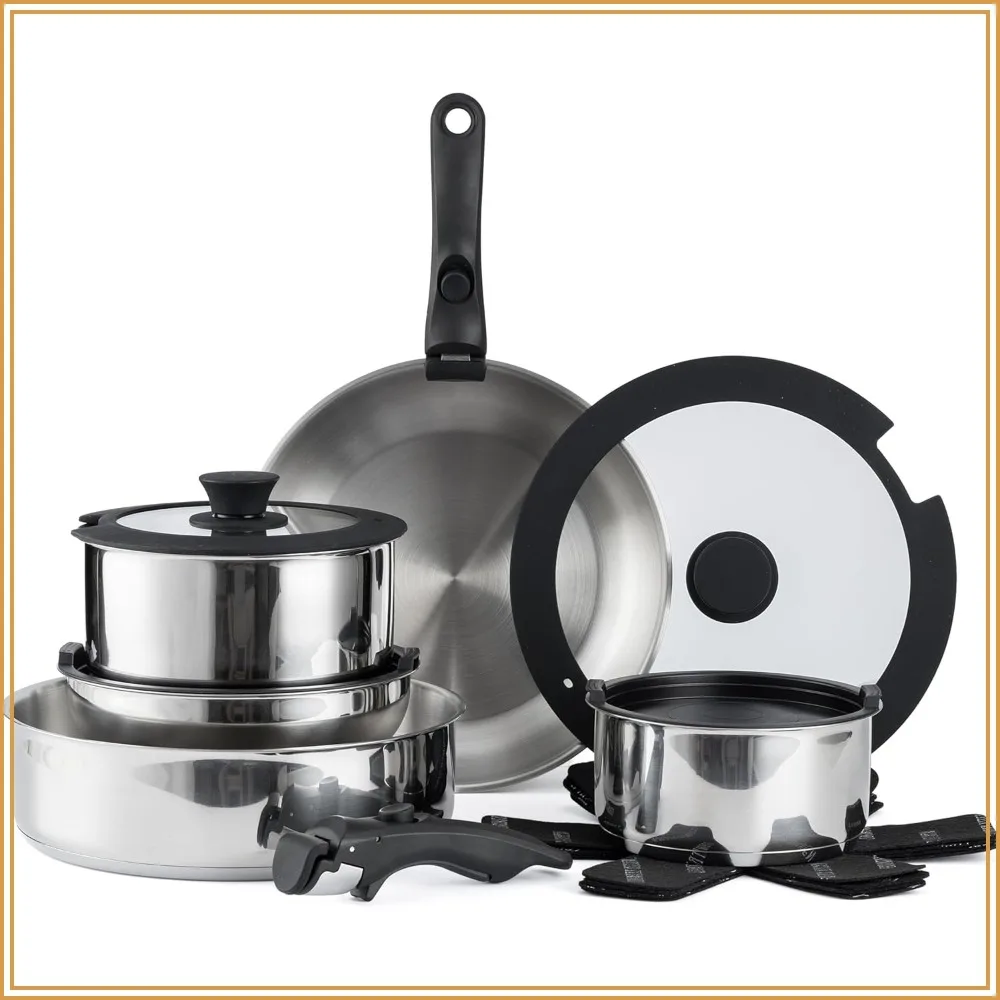 

Country Kitchen Cookware Set with Removable Handle, Oven & RV Safe Pots and Pans Set, Stainless Steel