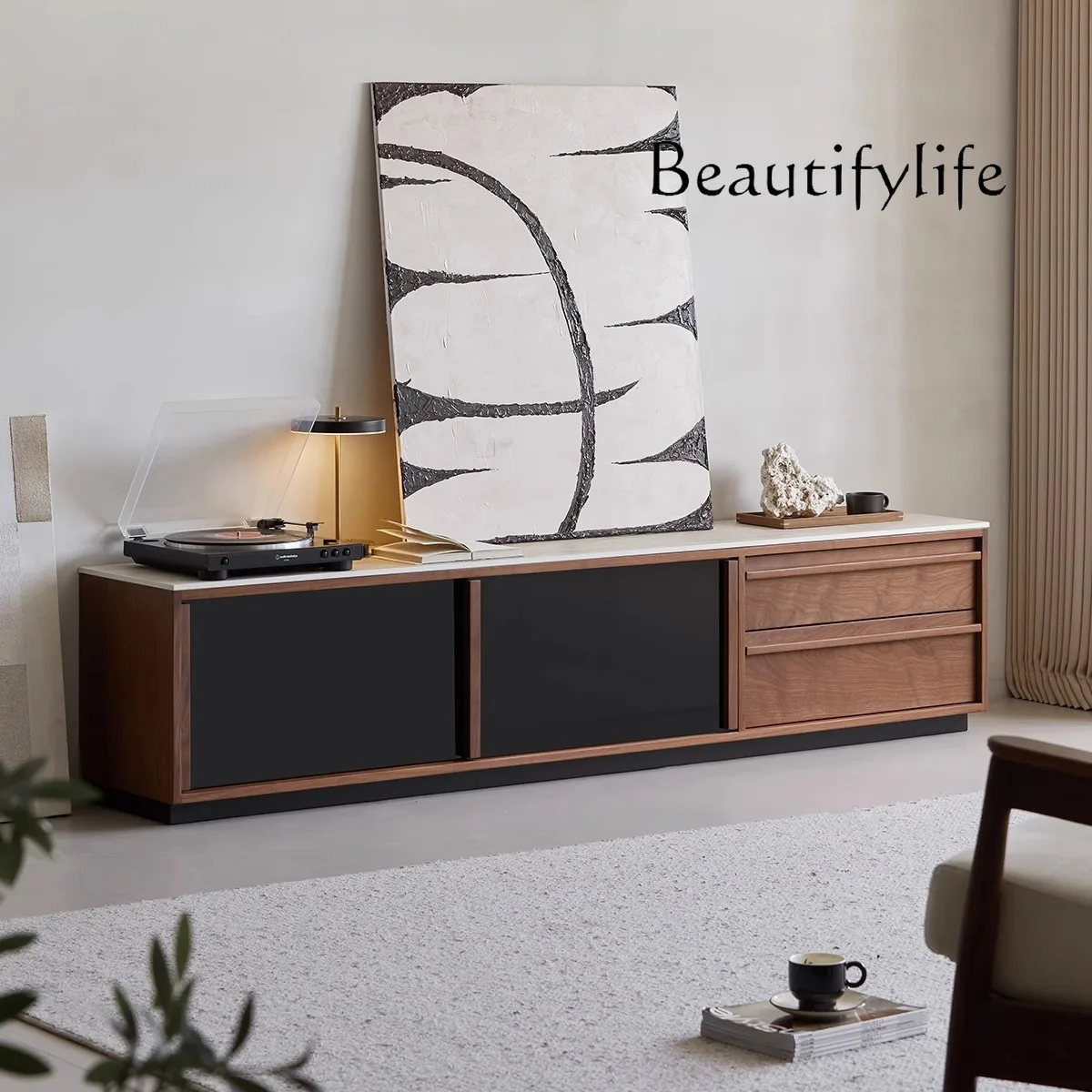 

Medieval solid wood TV cabinet, living room home high-grade North American black walnut floor rock slab locker