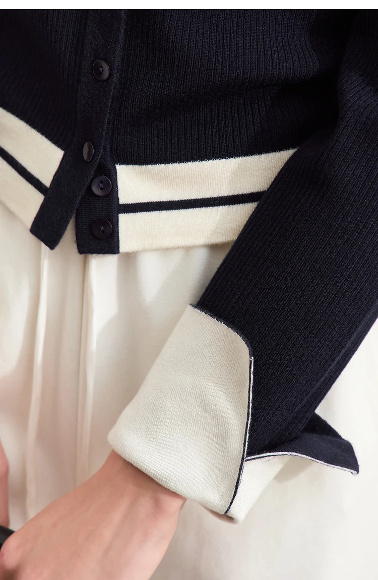 Amii Minimalism 2026 Strickjacke für Damen Herbst Neu Pendler O-Ausschnitt Gespleißte Kurze Wollstreifen Schlanke Langarm-Oberteile 12443022 – Detail 22