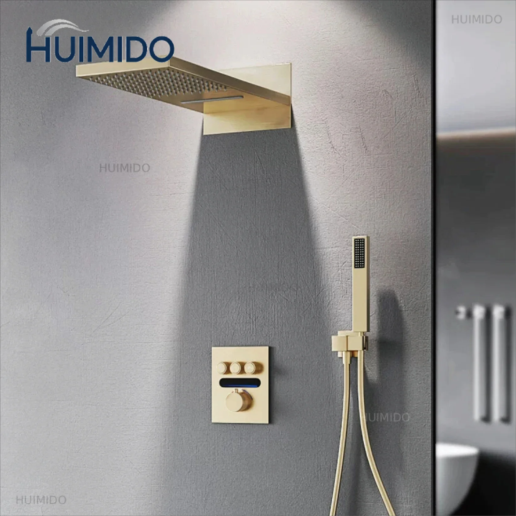 Brass Brushed Gold LED Digital Display Constant Temperature Shower System with Hot&Cold Water Ceiling Embedded Bath Mixer