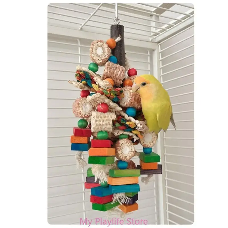 Bird Chewing Toy Colorful Wood Blocks Parrots Beaks Grinding Toy Bites Resistant Cockatiels Parakeets Hangings Bird Molar Toy