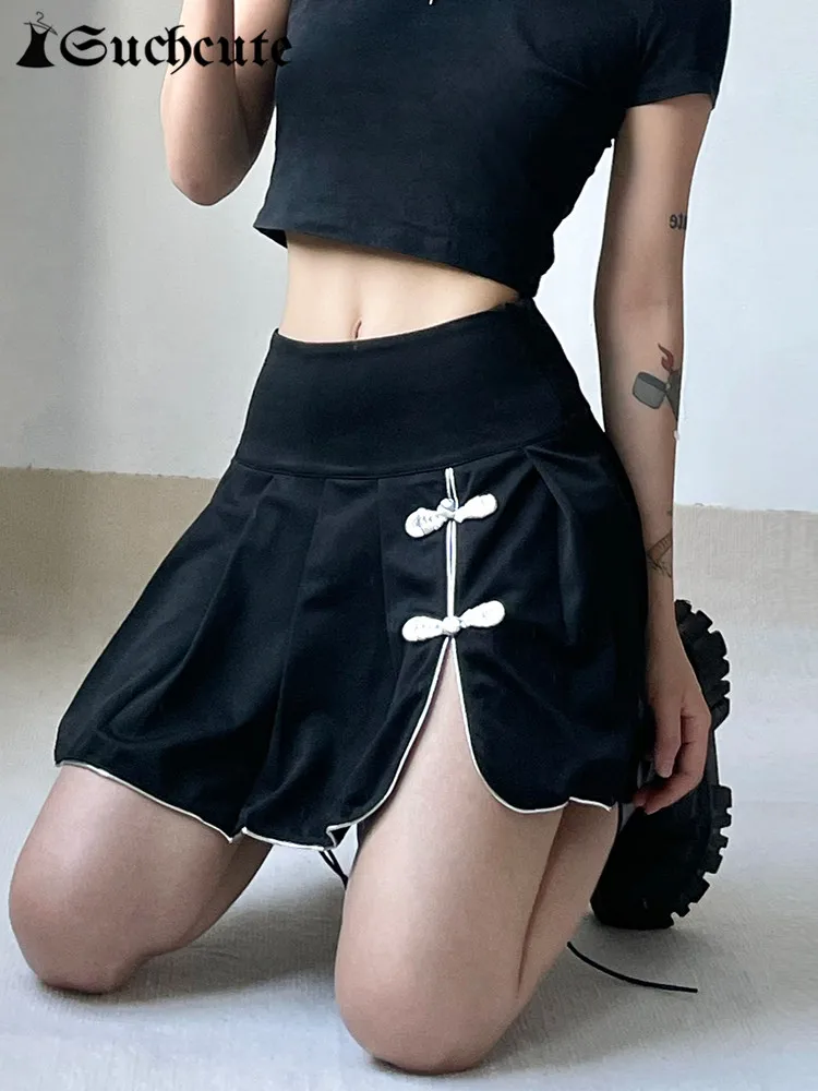 

SUCHCUTE Gothic Chinese Style Knot Mini Skirts Women A-line Split High Waist Black Pleated Skirts Dark Academic Vintage Clothes