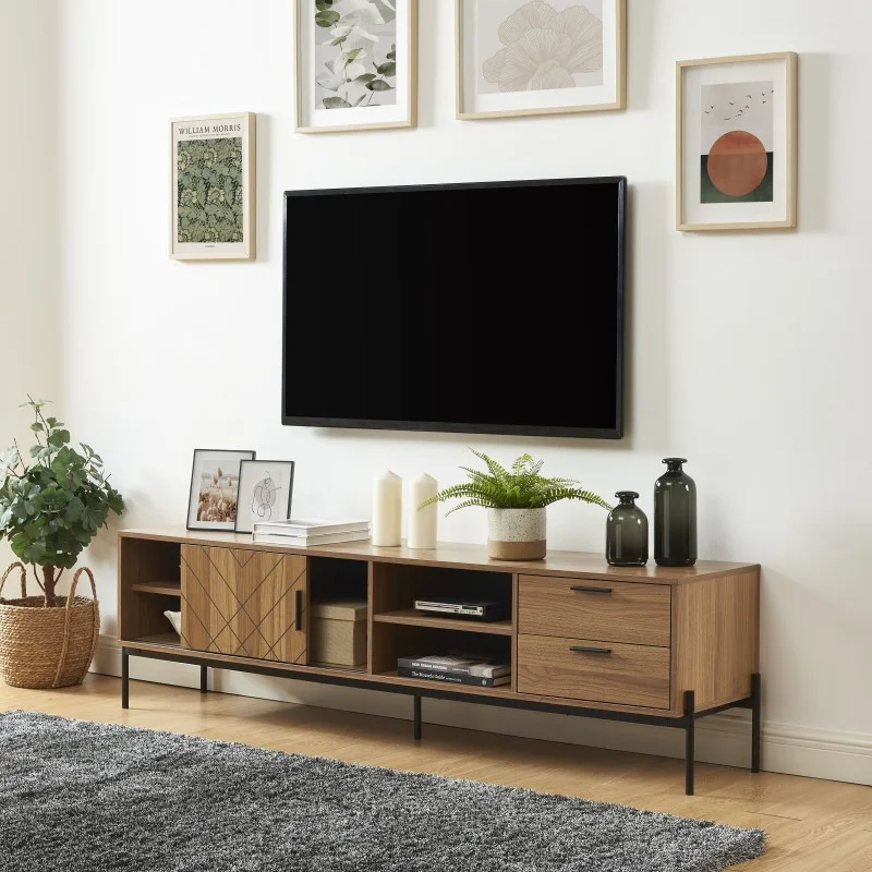 Living Bedroom Industrial Style Wooden TV Cabinet Dark Oak Finish Extendable 3D Pattern Sliding Doors Drawers Metal Legs