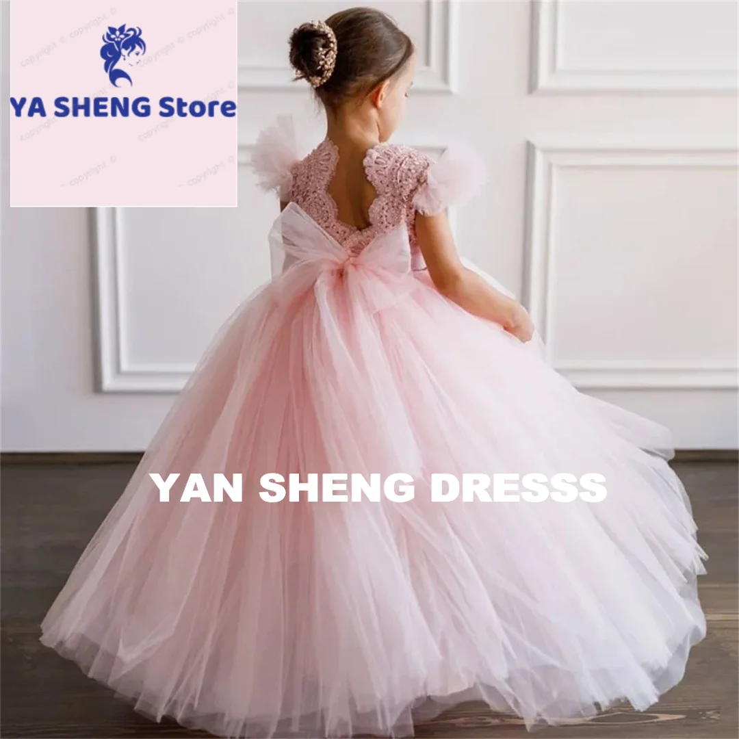 Customized Flower Girl Dresses Pink Tulle Flory Appliques With Bow Short Sleeve For Wedding Birthday Party Banquet Princess Gown