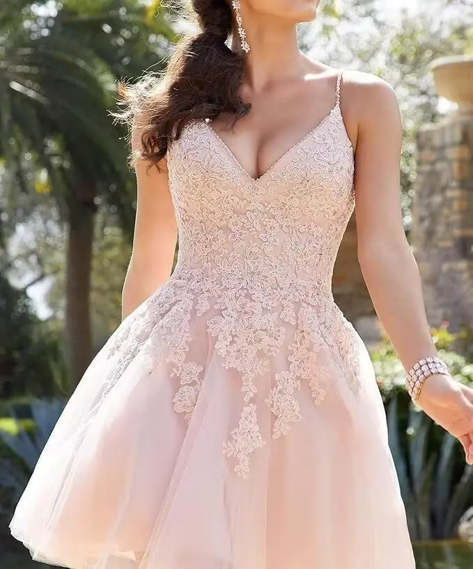 Spaghettiträger, Heimkehrkleider für Teenager, Spitzenapplikation, kurzes Ballkleid, A-Linie, süßes 16-Kleid für Mädchen