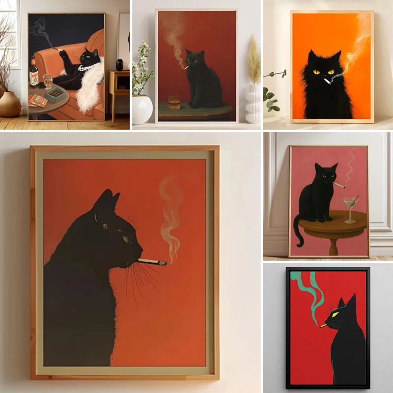 Schwarze Katze raucht eine Zigarette, Poster und Drucke, Retro, skurrile, lustige Tier-Leinwand-Wandgemälde, Bar, ausgefallenes Dekor, Bild – Detail 3