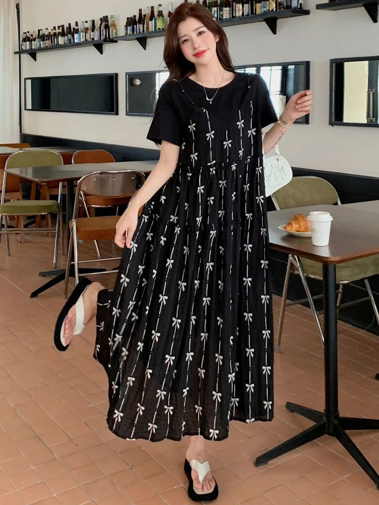 فستان نسائي مقاس كبير من NYFS لصيف 2025 فستان فضفاض بفيونكة مزيفة طويلة رداء Elbise بأكمام قصيرة على الطراز الكوري #5