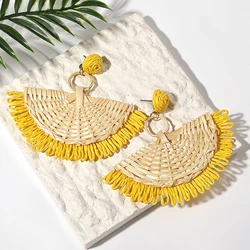 AENSOA Bohemian Yellow Raffia Rattan Knit Drop Earrings for Women Handmade Large Fan-Shaped Earrings Summer Vacation Jewelry