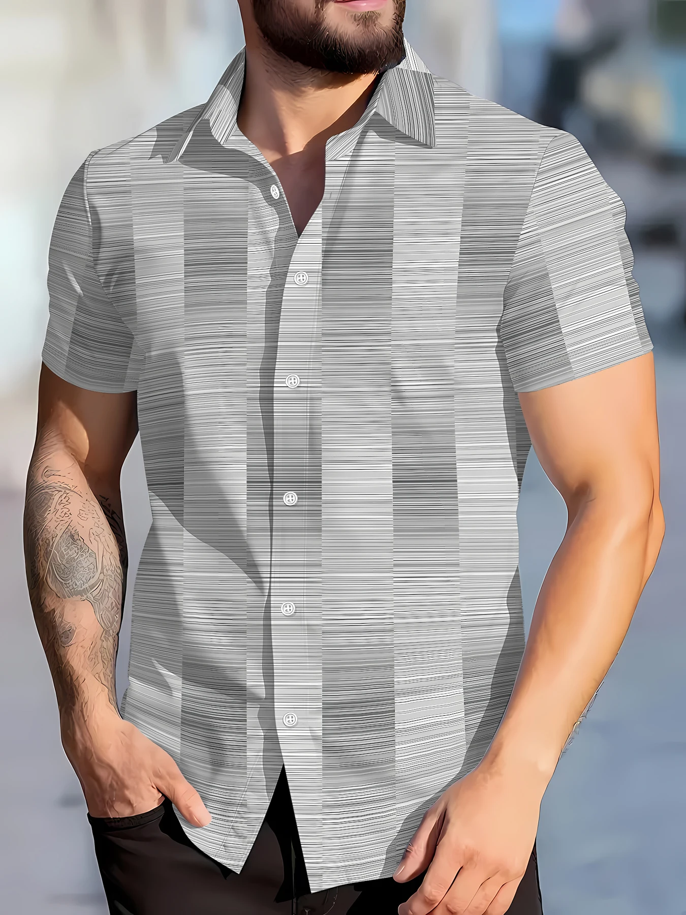 

Summer New Style Men's Short-Sleeved Shirt with 3D Stripes Print Street Casual Fashion Comfortable Soft Breathable