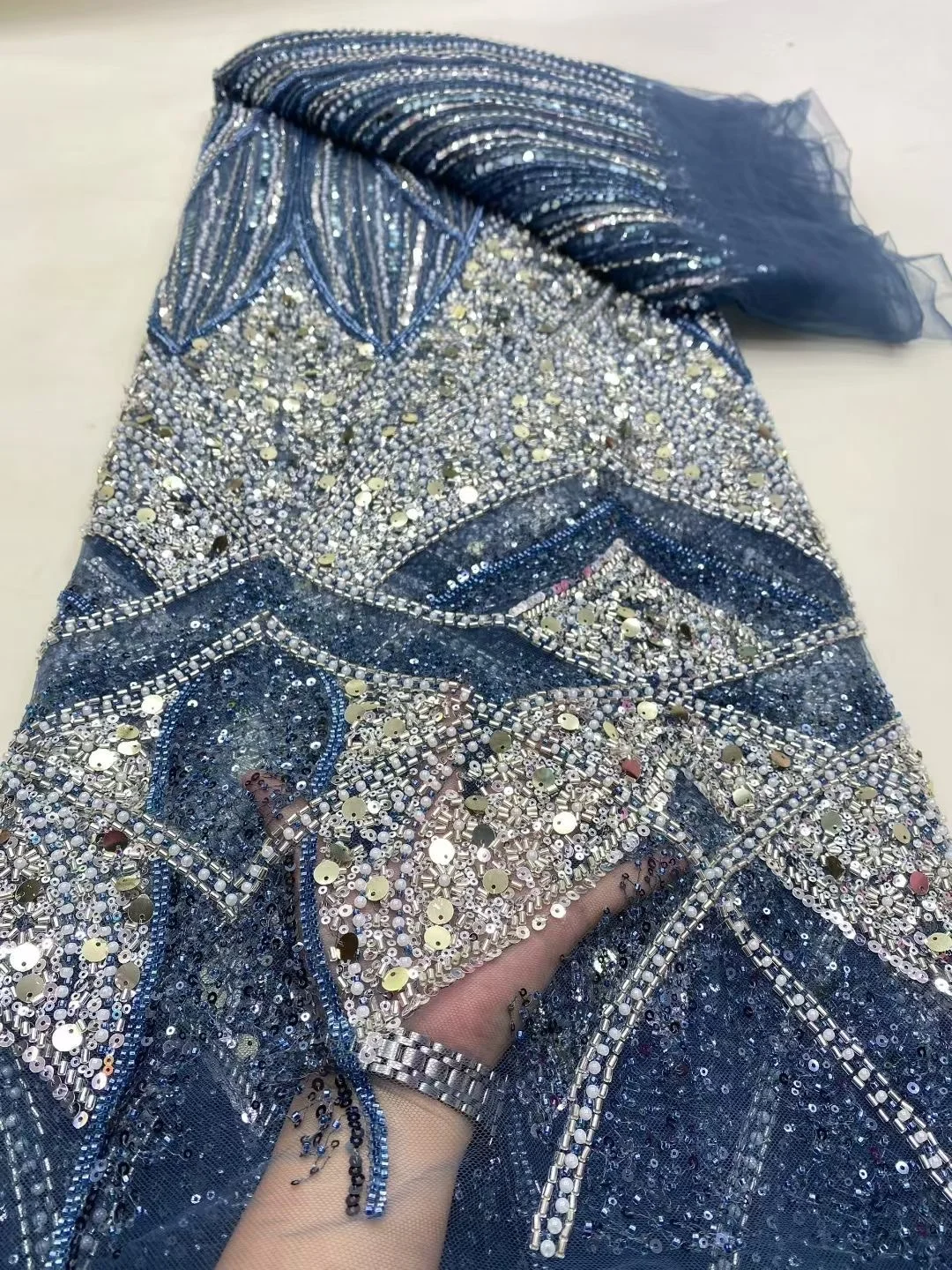 

2025 Latest High Quality African Nigerian With Tulle Sewing Lace Fabric Guipure Embroidery Beads Dresses Sequins 5Yards DP0452