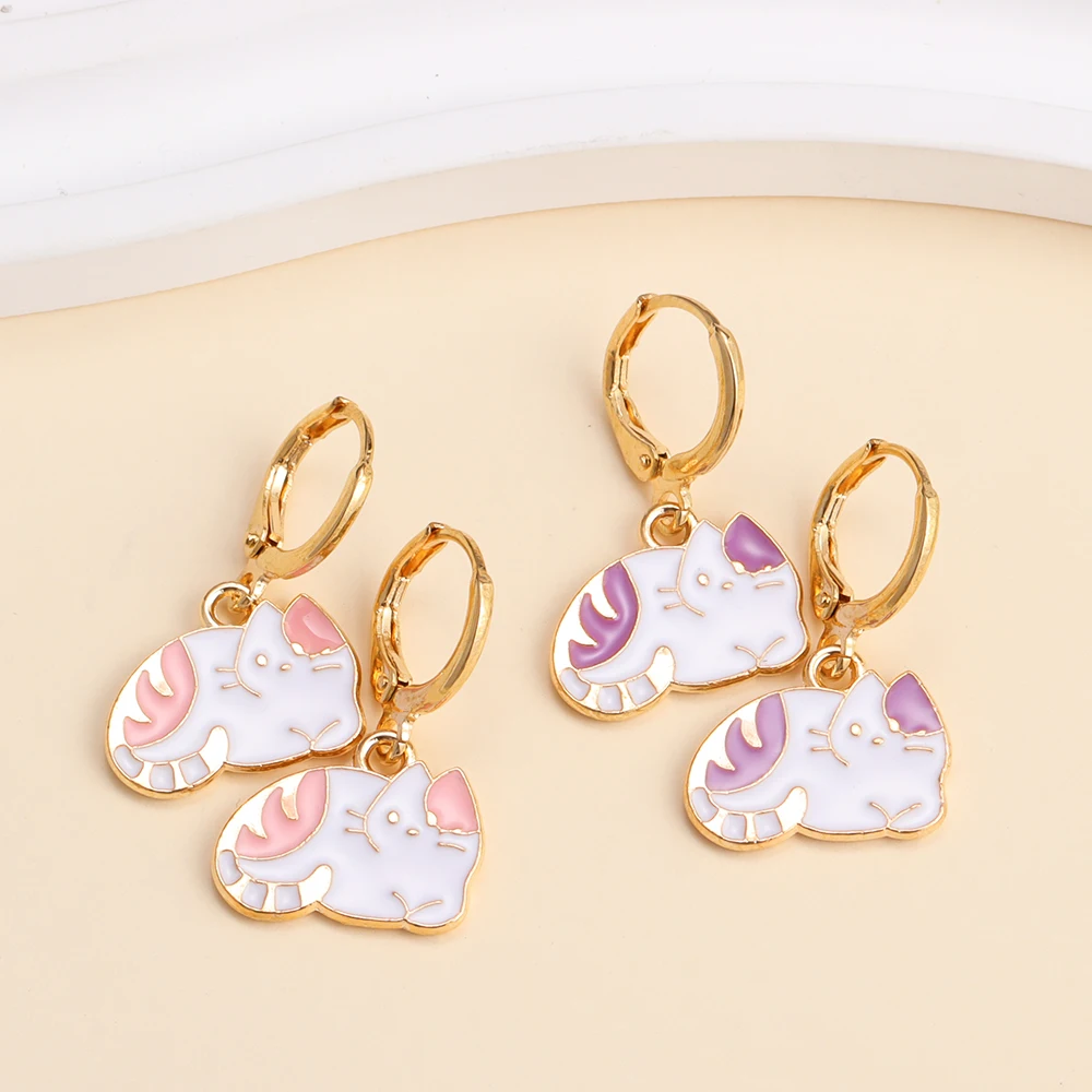 A Pair Gold Color Alloy Enamel Charms Kawaii Cat Dangle Earrings For Women Girls Fashion Animal Drop Earring Party Jewely Gifts image 3