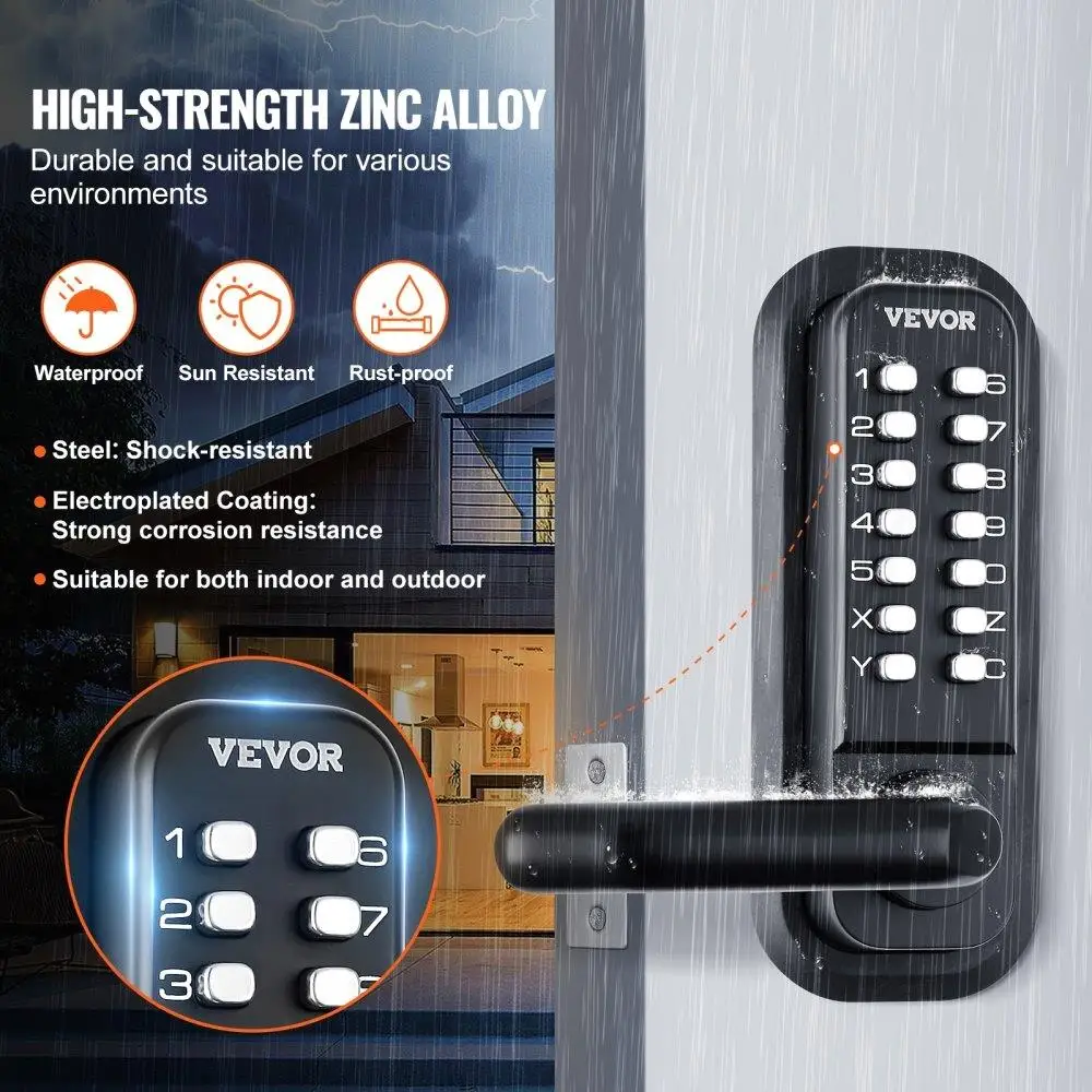 Mechanical Keyless Entry Door Lock Outdoor Use 14 Digit Keypad Waterproof Design Zinc Alloy Construction Easy Installation for