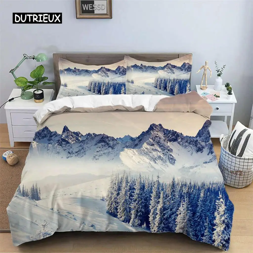 

Snow Mountain Duvet Cover Set Polyester 3D Landscape Bedding Set for Teens Adults Ski Slope Winter Theme Queen Comforter Cover