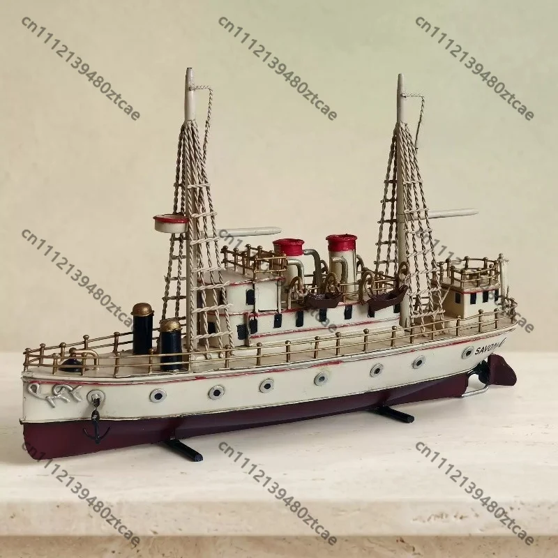 Retro Distressed Iron European Ocean Liner Miniature Model, Handcrafted Vintage Vessel Ornament, Desktop Display Decor for Home