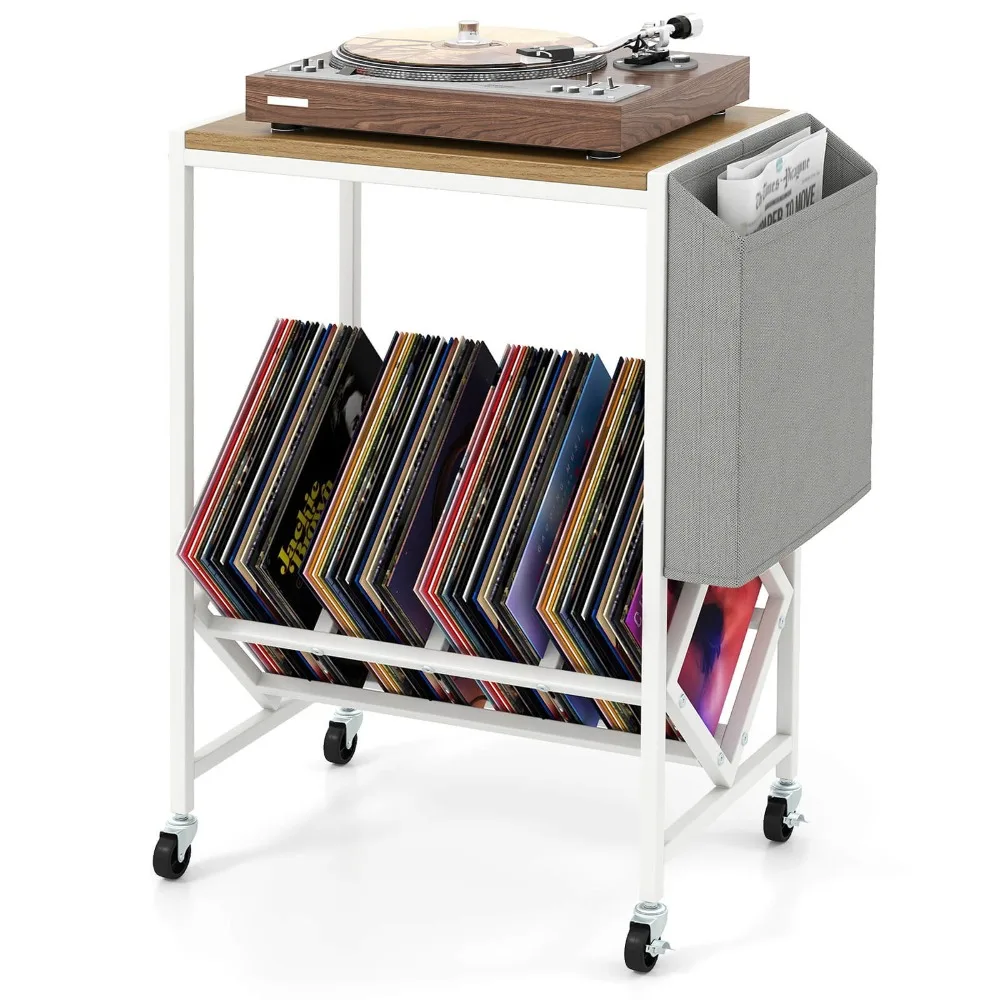 Record Player Stand w/Vinyl Record Storage & Side Storage Pouch, Swivel Wheels