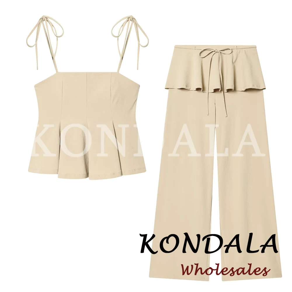 KONDALA Mode 2026 Frühling Lässige Einfarbige Damenanzüge Ärmellose Schleifenweste + Weite Hose mit Kordelzug Elegante Damen-Sets