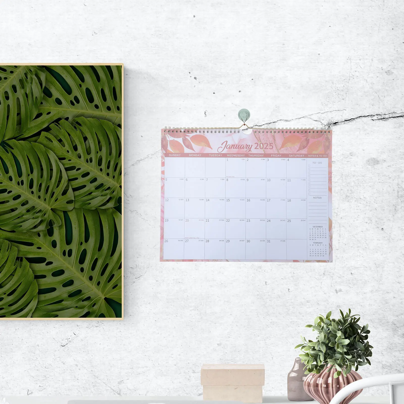 

Creative Wall Calendar PP Coil Office Planner Customizable White Floral Large Dry Erase Memo Board Family Fridge Schedule