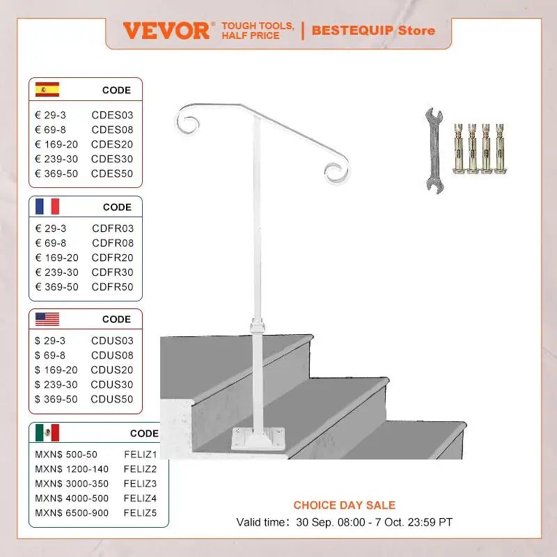 VEVOR Single Post Handrail Stairs White Wrought Iron Post Mount Step Grab Supports Fits 1-2 Steps Grab Rail Single Post Railing