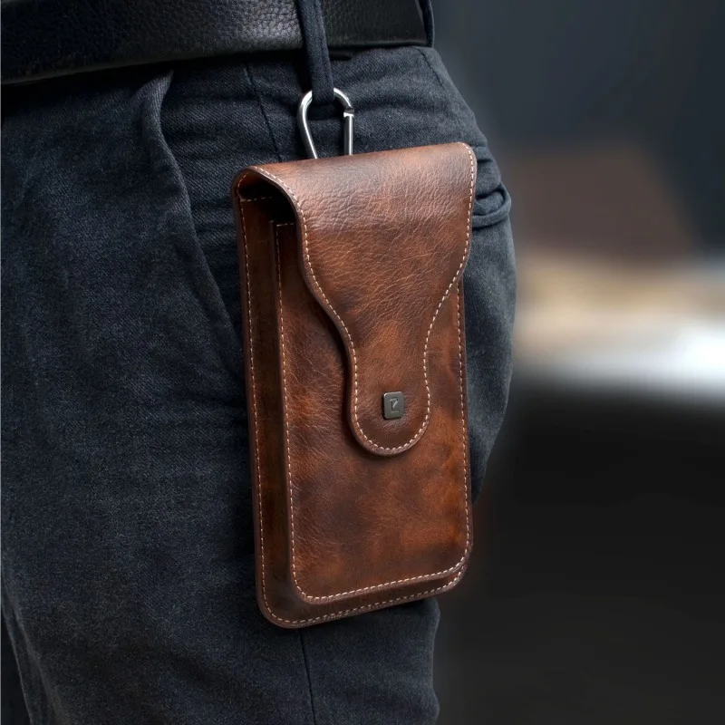 Riñonera de cuero PU de doble capa de lujo para hombre, funda con Clip para cinturón de teléfono móvil para iPhone, Xiaomi, Samsung, bolsa para