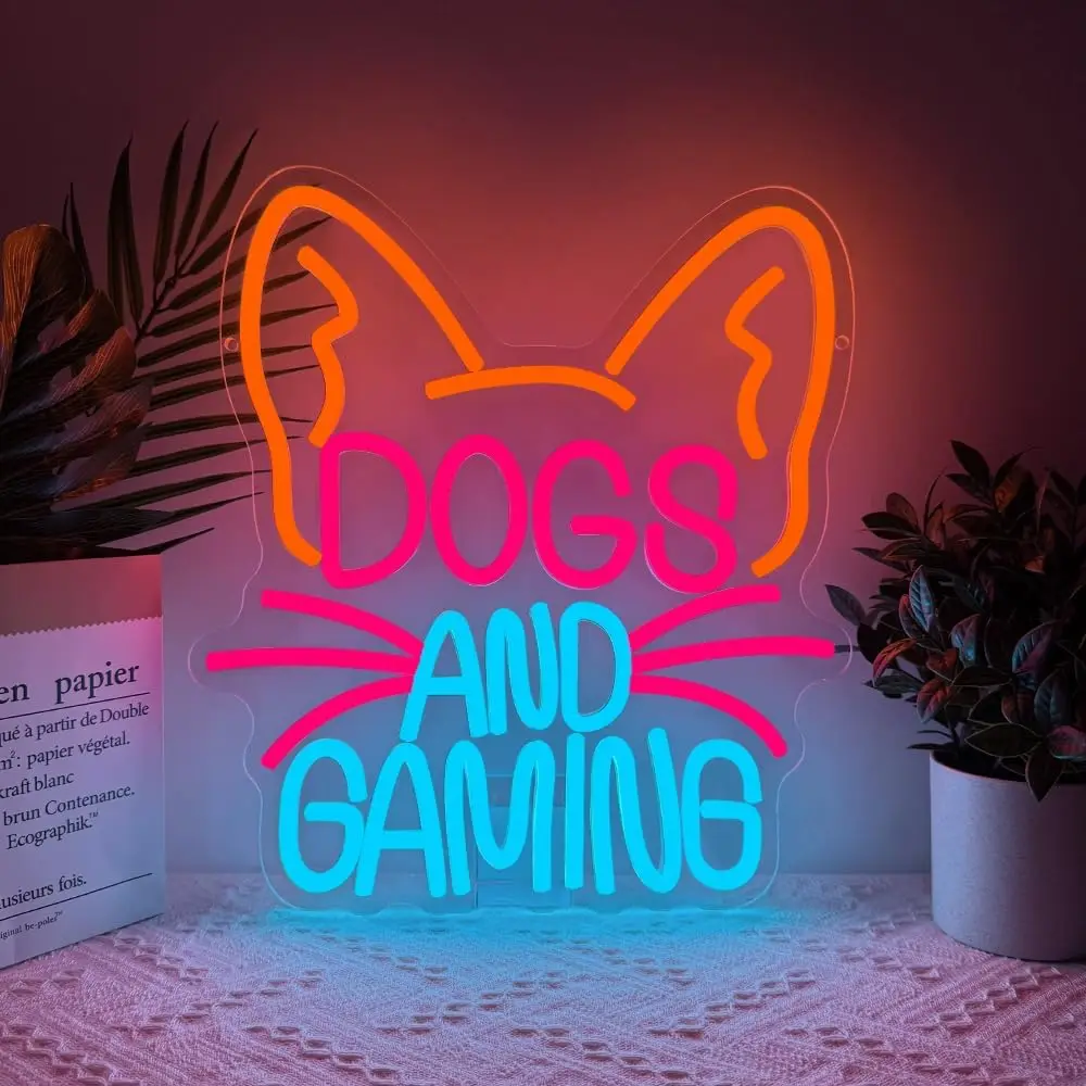 Dogs And Gaming Neon Sign LED Wall Art USB Powered Acrylic Cat Ears Glow Lamp Game Room Bedroom Pet Lover Streamer Decor