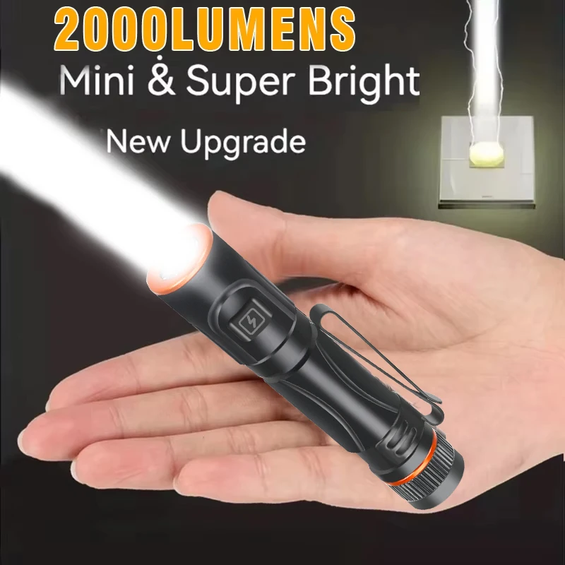 2000LM Powerful Mini LED Flashlight  Zoom Torch With Pen Clip Light USB Rechargeable Magnet Work Light Outdoor Camping Fishing