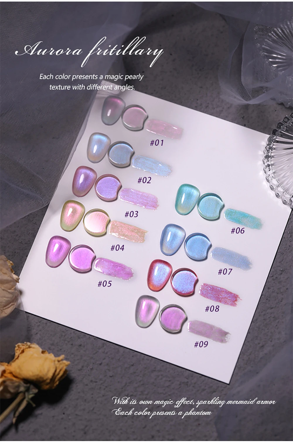 Vendeeni 9 Farben/Set Perlmutt-Farbgel-Nagellack Semi-Permanenter UV-LED-Soak-Off-Gel-Lack Meerjungfrauen-Nagelkunst-Gel-Lack – Detail 5