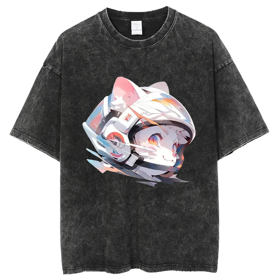 2024 Summer New Women's Short Sleeve Oversized Cute Cat Print Wash Denim Unisex T-Shirt Casual Retro Wear Cool