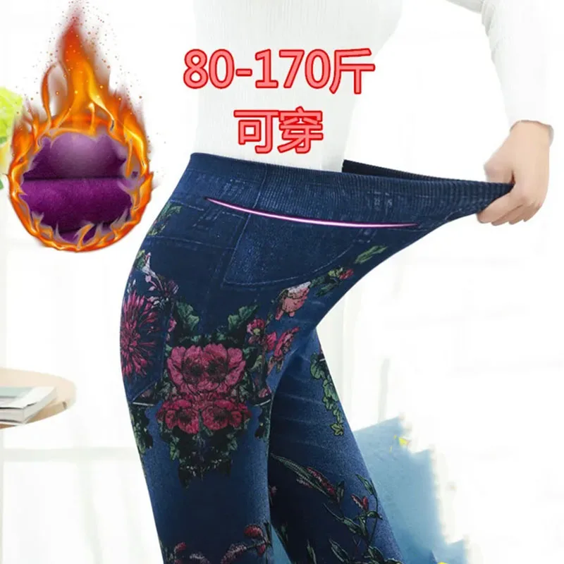 Winter Mutter warme Print Leggings imitieren Denim Plüsch Samt gefüttert Leggins Hosen schlanke Hosen verdicken knöchel lange Legginsy Broek