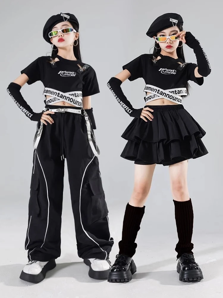 Schwarz Jazz Dance Kostüm Mädchen Hip Hop Kleidung Sommer Kurzen Ärmeln Kpop Street Wear Bühne Leistung Anzug Team Kleidung BL14776