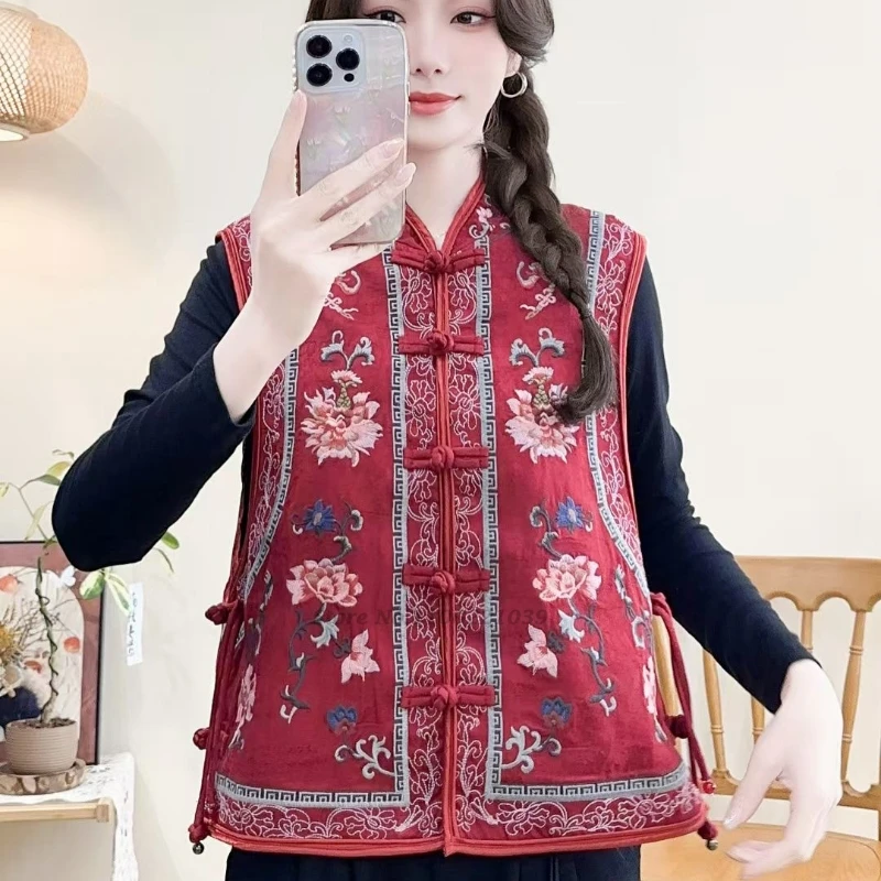 

2025 chinese vintage stand collar vest hanfu tops national flower embroidery satin jacquard vest sleeveless jacket ethnic vest